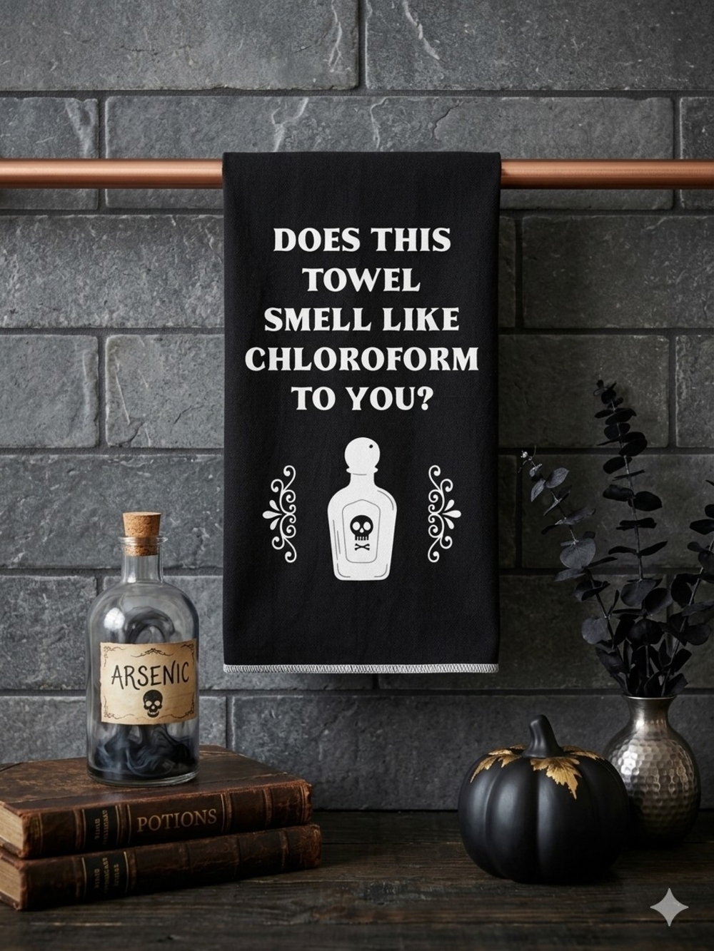 Black Novelty Bathroom Towel with White Graphic